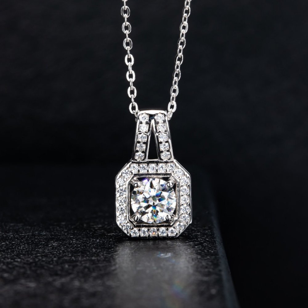 Certified 2ct. t.w. Moissanite Diamond Square Halo Pendant Necklace NEW - Picture 6 of 15
